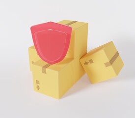 Obraz premium Box icon in cartoon style with shield sign on isolated white background 3d render