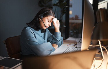 Customer support, headache and burnout for night consultant, crm customer service worker or call...