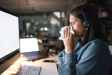 Faq, call center or sick business woman blowing nose with tissues in contact us, telemarketing or...