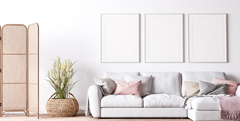 Poster frame mockup in modern living room design, bright interior with pink and white sofa on minimal background, panorama, 3d render