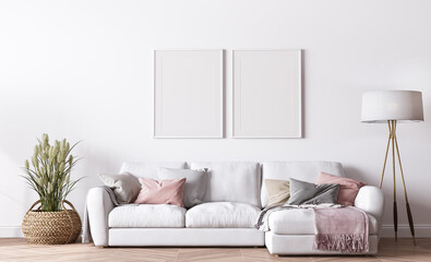 Poster frame mockup in modern living room design, bright interior with pink and white sofa on minimal background, 3d render