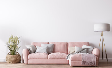 Modern living room design, bright interior with pink sofa on white minimal background, 3d render