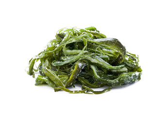 heap of fresh Korean salted seaweed salad stem side dish or Miyeok Julgi Bokkeum isolated on white...