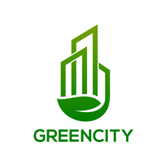 Green city vector logo template. This design use leaf symbol. Suitable for environment.