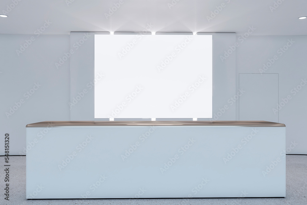 Poster modern concrete office lobby interior with empty white mock up poster. waiting area and hotel concep