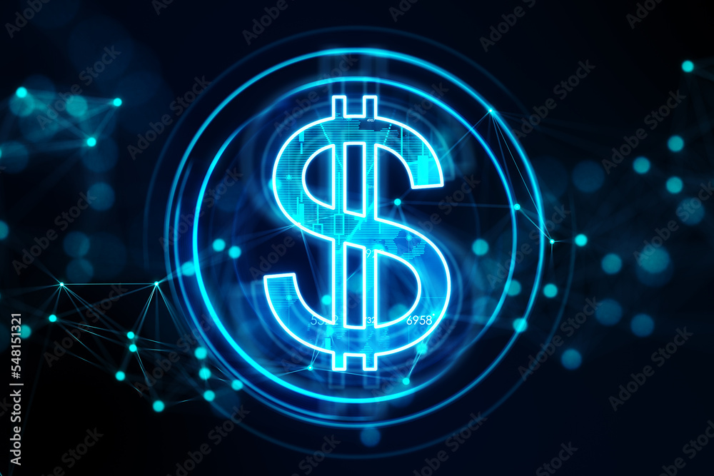 Poster digital dollar symbol on abstract dark blue background with glowing dots. 3d rendering