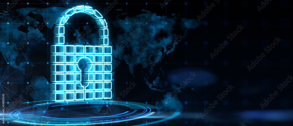 Poster Cyber security and data protection concept with digital pad lock with key hole above blue circle on dark background with empty place and world map silhouette. 3D rendering, mock up