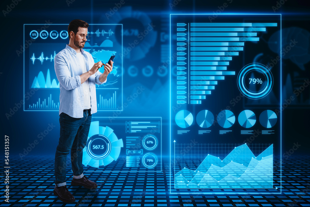 Poster attractive young european man using cellphone with abstract glowing blue business charts and graphs 