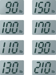 Digital weight scale 90,100,110,130,150,170,190,210 pound vector illustration