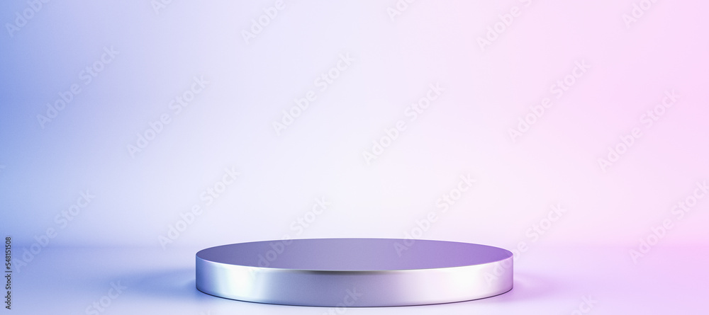 Aufkleber Wide white studio with geometric shapes, podium on the floor. Platforms for product presentation, mock up background. Abstract composition in minimal design. 3D Rendering.