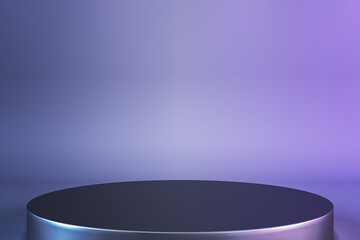 Purple studio with geometric shapes, podium on the floor. Platforms for product presentation, mock up backdrop. Abstract composition in minimal design. 3D Rendering.