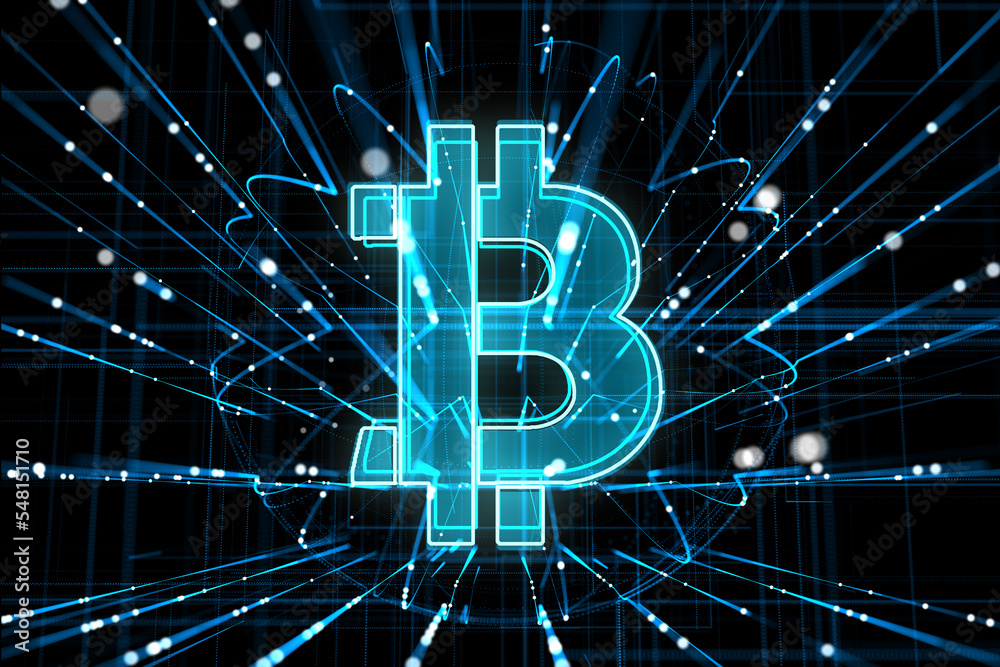 Poster Cryptocurrency and digital money concept with bright blue bitcoin symbol on abstract dark background with blurred dots and wavy lines. 3D rendering