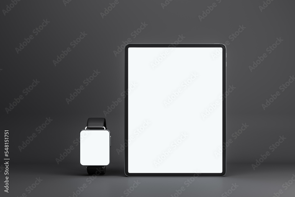 Poster front view on blank white modern digital tablet and smart watches screens with place for your logo o
