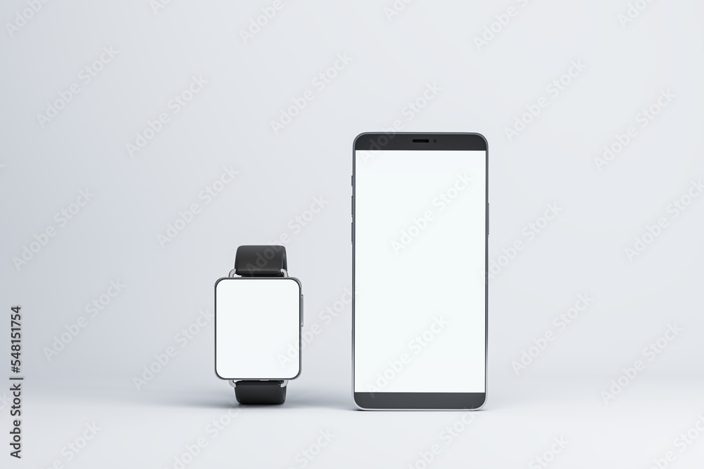 Aufkleber Front view on blank white modern smartphone and smart watches screens with space for your logo or text on light background. 3D rendering, mock up