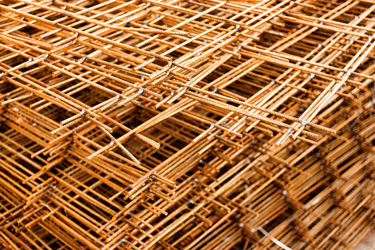Rebar, reinforcing bars or steel close up, reinforcement steel, wires mesh of steel used as a tension device in reinforced concrete.