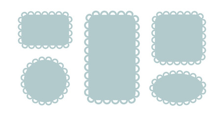 Circle and square scalloped frames. Scalloped edge rectangle and ellipse shapes. Simple label and sticker form. Flower silhouette lace frame. Vector illustration isolated on white background.