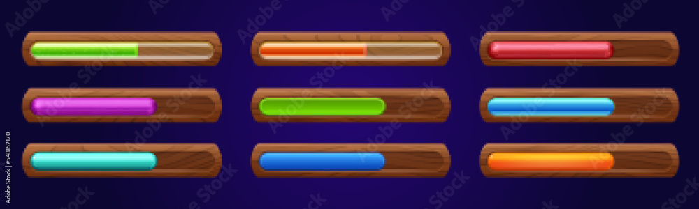 Poster set of wooden progress bars with different color scales isolated on background. vector cartoon illus