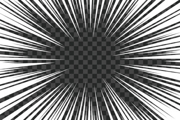 Manga speed burst frame. Radial anime speed lines. Crash zoom effect for comic book. Radial lines overlay template. Manga brust frame. Boom effect. Vector illustration on transparent background.
