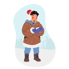 Little Child Walking on Wintertime Street Enjoy First Snow. Christmas Vacation Fun. Boy Character Wear Warm Clothes