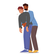 Man Stand Behind Conscious Victim Male Character With Hands In The Proper Position On Victim Abdomen To Perform Heimlich - obrazy, fototapety, plakaty