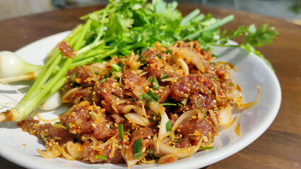 Thai Food, Isaan Food Dishes Larb Koi. Raw Beef Spicy Salad. Northeastern Thai Dishes.