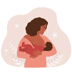 A woman is breastfeeding a baby. The mother holds the kid in her arms. Vector graphics.