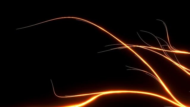 Abstract curving line orange glare like fire moving slowly on black background. Animation resembling tree root with scattered movement. 3D Render.