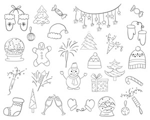A set of Christmas icons with a thin line , vector doodle illustration