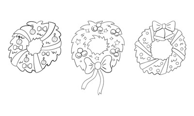 A set of Christmas wreaths with a thin line, vector illustration of a doodle