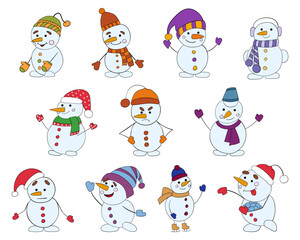 Set of snowmen, vector illustration of a doodle on a white background