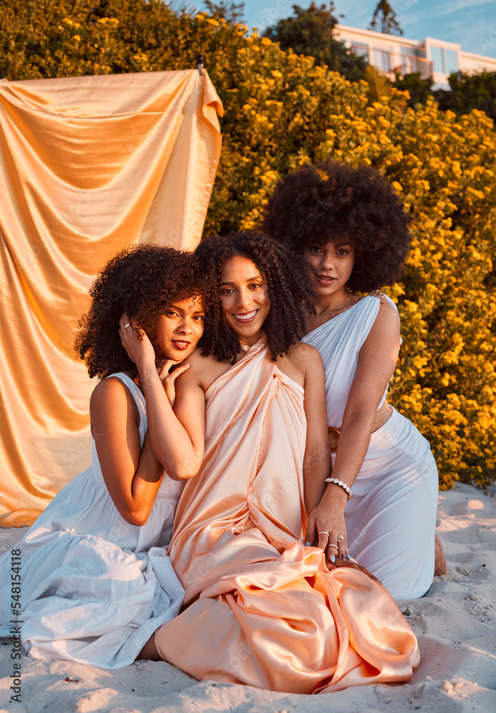 Canvas Prints Fashion, friends and beauty outdoor, portrait and natural hair, afro and elegant clothes, beach and summer holiday. Black women, model and happiness with happy smile, silk clothing and cool dress