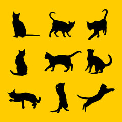 Set vector silhouette of the cat different poses black color isolated on yellow background