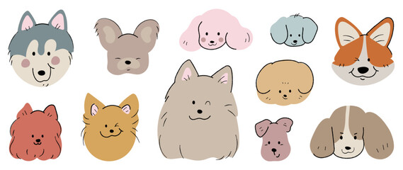 Fototapeta premium Cute and smile dog heads doodle vector set. Comic happy dog faces character design of husky, poodle, shiba with flat color isolated on white background. Design illustration for sticker, comic, print.