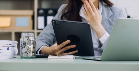 Business team present. Photo professional investor working new startup project. Finance meeting.Digital tablet laptop computer smart phone using, keyboard docking screen foreground,filter