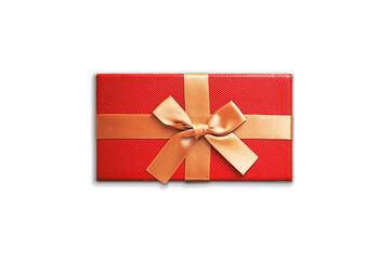 Red gift box with gold ribbon and bow package, mockup isolated on white background. Top view. 