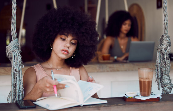 Books, Writing And Black Woman Relax At Cafe, Reading Journal And Working. Freelancer, Remote Worker And Young Female In Coffee Shop With Cappuccino Or Espresso And Notebook For Journalism Ideas.