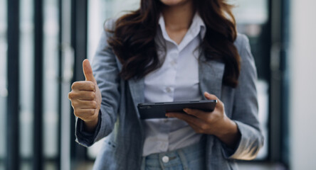 Business team present. Photo professional investor working new startup project. Finance meeting.Digital tablet laptop computer smart phone using, keyboard docking screen foreground,filter