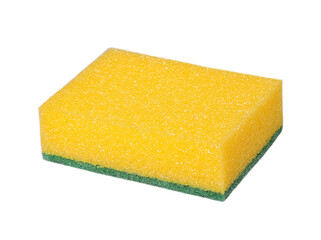 New yellow-green kitchen sponge for washing dishes, transparent background, close-up - obrazy, fototapety, plakaty