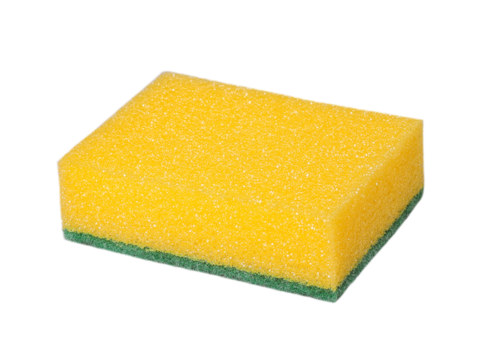 New yellow-green kitchen sponge for washing dishes, transparent background, close-up