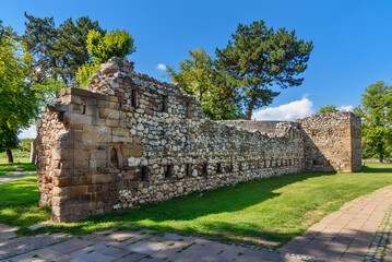 Fototapeta na wymiar Pirot, Serbia -August 27, 2022: Ancient fortress Momcilov Grad in Pirot, Serbia. Outside view of Ruins of Historical Pirot Fortress, Southern and Eastern Serbia