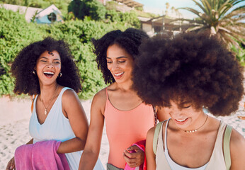 Black woman, friends walking and beach with funny conversation, joke or laugh on summer vacation. Girl group, women and smile with walk on sea sand together in sunshine with comic laughing on holiday