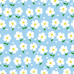 Camomile flowers with leaves and hearts. Seamless floral pattern