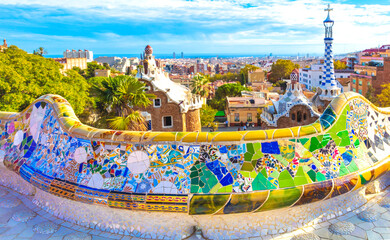 Barcelona city panoramic view of Parc Guell - obrazy, fototapety, plakaty