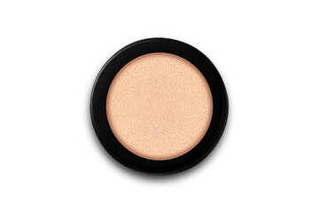 Blush powder compact palette realistic isolated on white background. Decorative make up cosmetics. Face powder or eye shadows in black round box, top view. 3d rendering.