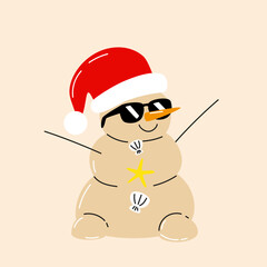 Cute cartoon snowman wearing sunglasses and red hat on sand beach. Hand drawn vector illustration. Funny Christmas character card template.
