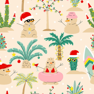 Seamless Christmas pattern with palm trees and funny snowman made of sand on the beach. Hand drawn vector illustration. Tropical xmas background.