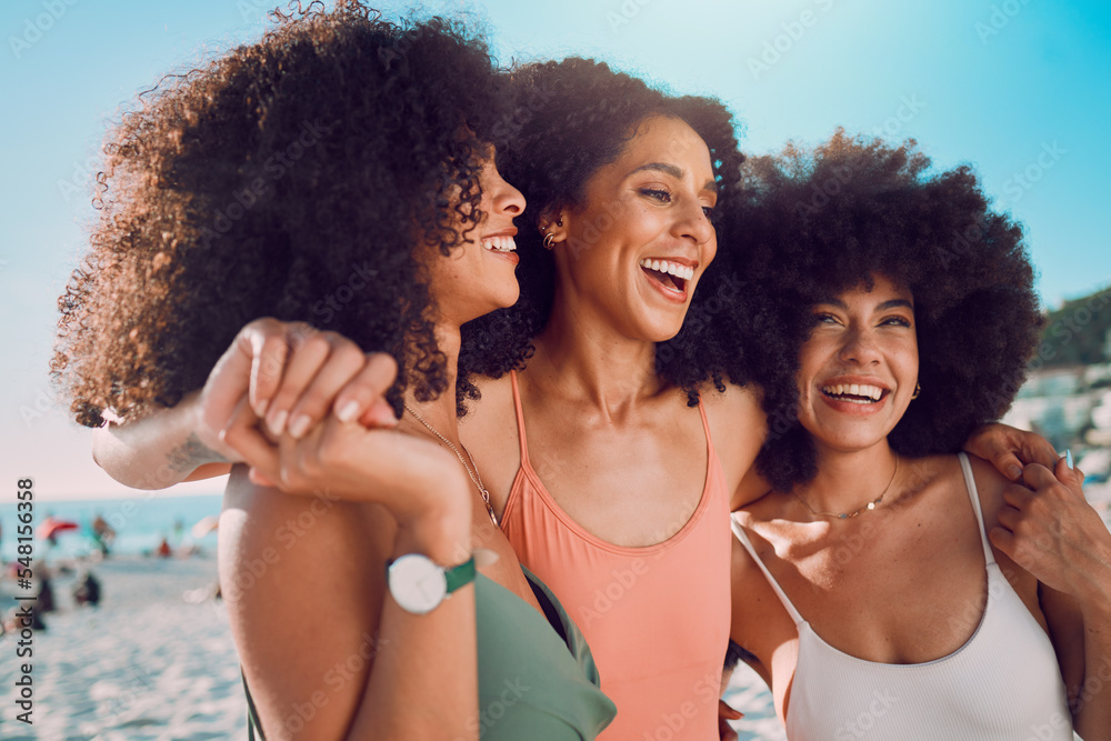 Wall mural beach hug, black woman and friends with afro hair happy on friendship reunion holiday for summer vac