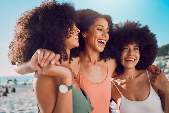 Beach hug, black woman and friends with afro hair happy on friendship reunion holiday for summer vacation bonding . Freedom peace, blue sky and fun for African people on adventure journey in Nigeria