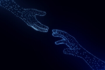 Help, friendship support concept. Hand of glowing particles reaching, giving a helping hand, hope and support each other on dark background.