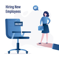 HR agent hand holds new woman employee, staff search, recruitment, we are hiring. Large office chair with sign - vacant. Job applicant. Employment, recruitment process.